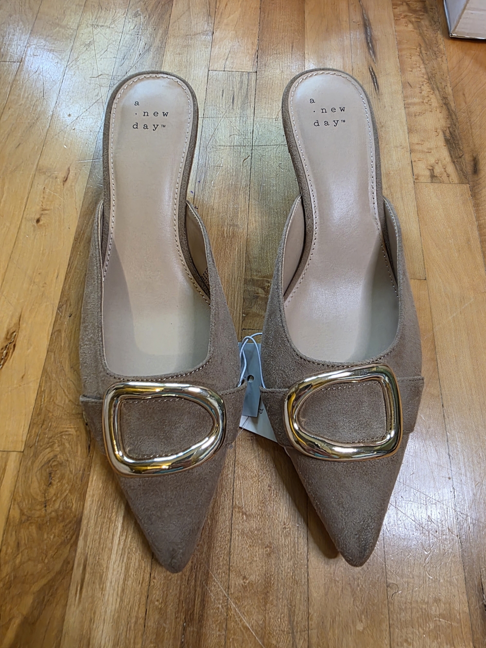a new day Women's Beige Pointed Mule with Gold Buckle